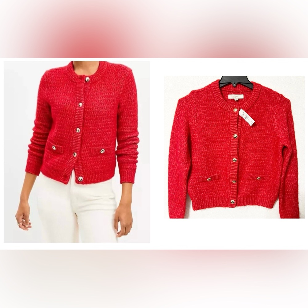 NEW LOFT Popular Women's RED Stitchy Sweater Jacket Button-Up Cardigan Elegant